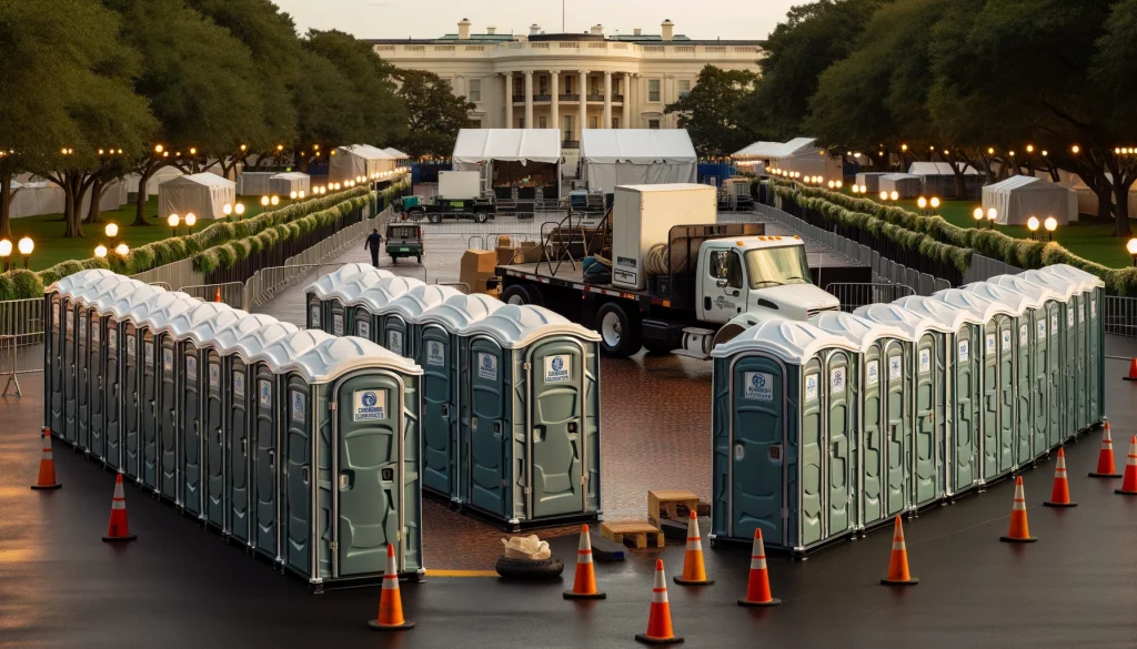 Festival porta potty bank with barricades in Ellensburg, Washington
